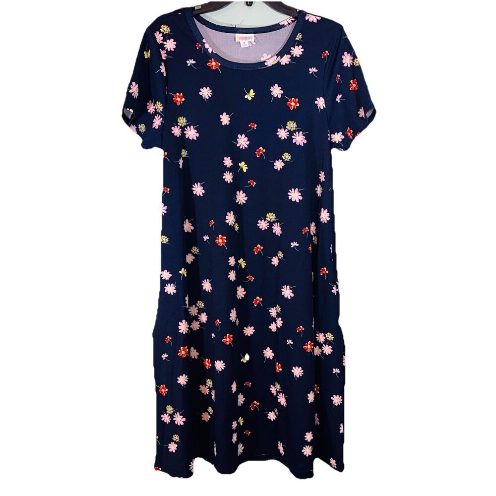 NWT Lularoe Jessie Swing Dress Dark Blue With Flowers Short Sleeve Stretch Sz M